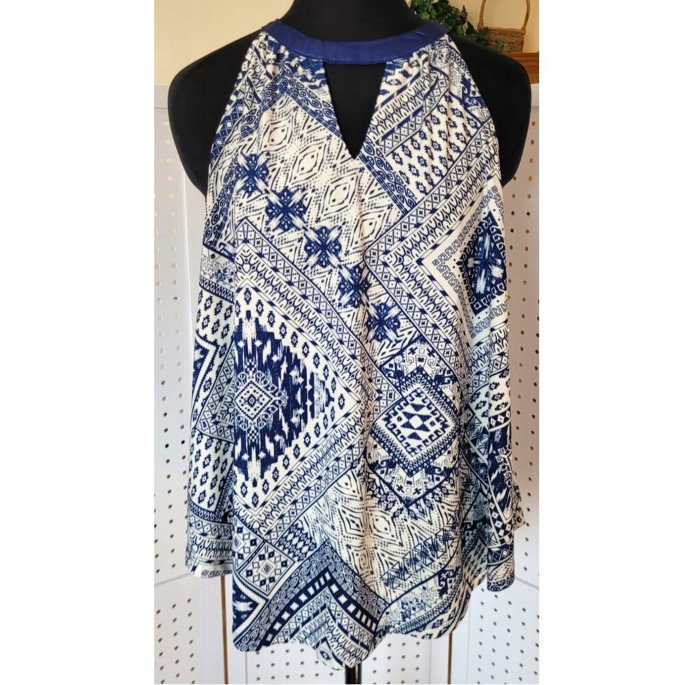 Knapp Studio Sleeveless Top Tunic XL Blue Satin Trim Keyhole Phoebe Buffay Y2K